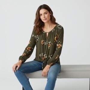 Vaeh Dark Green Floral Tie Front Blouse Large